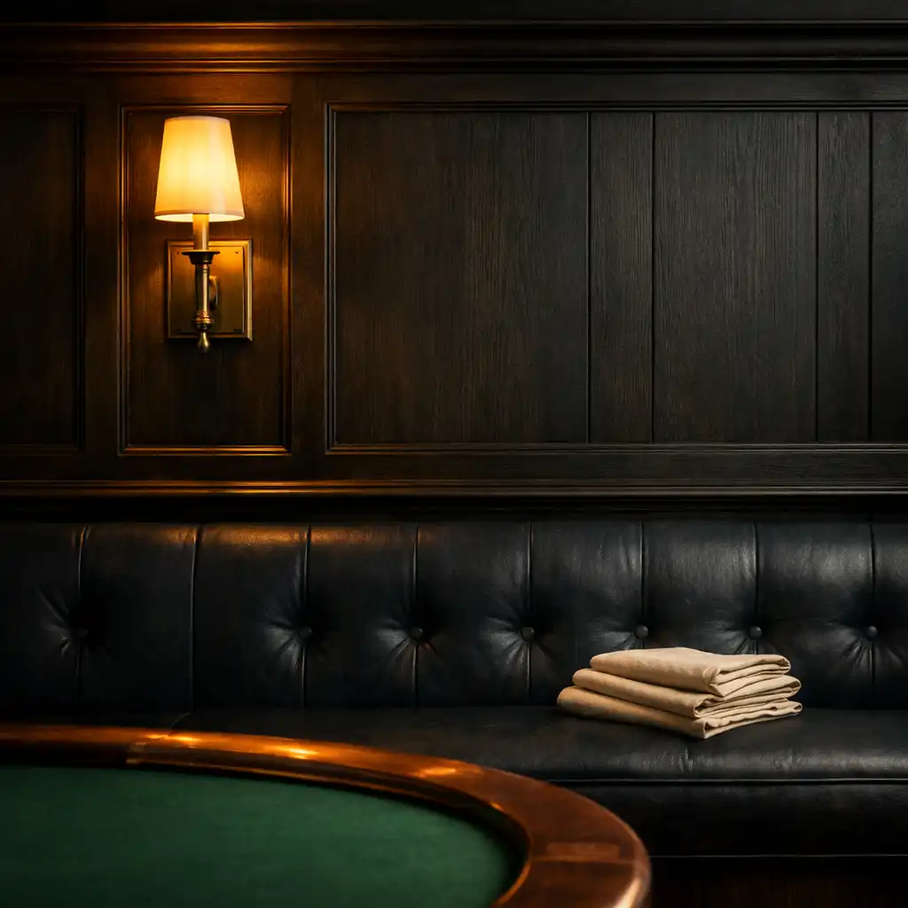 Charcoal timber, a brass wall sconce, linen, and a felt table edge in the venue.