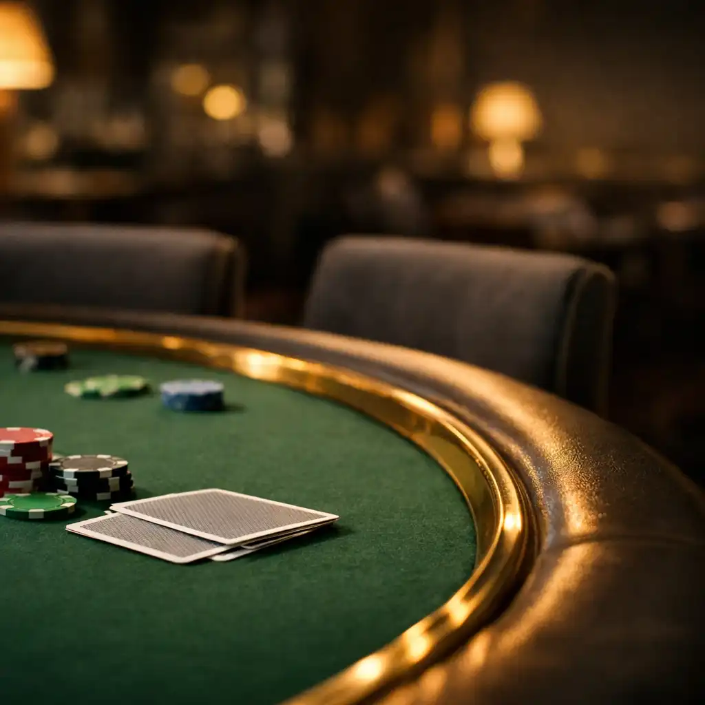 Brass-edged felt poker table with cards and game chips in the card poker room