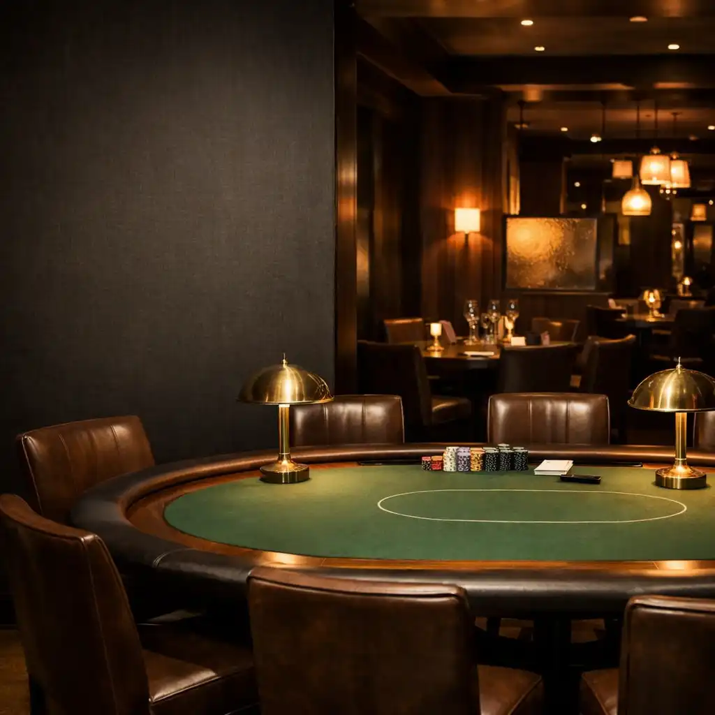 A warmly lit physical felt poker table and brass lamp inside the Brassandlinen card poker room.