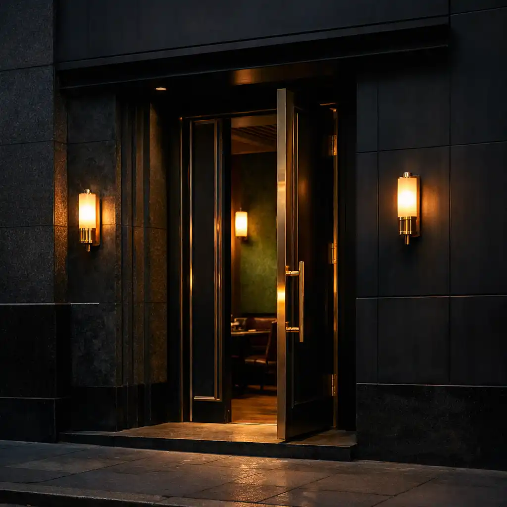 Warmly lit brass-detailed entrance to the Brassandlinen Melbourne venue