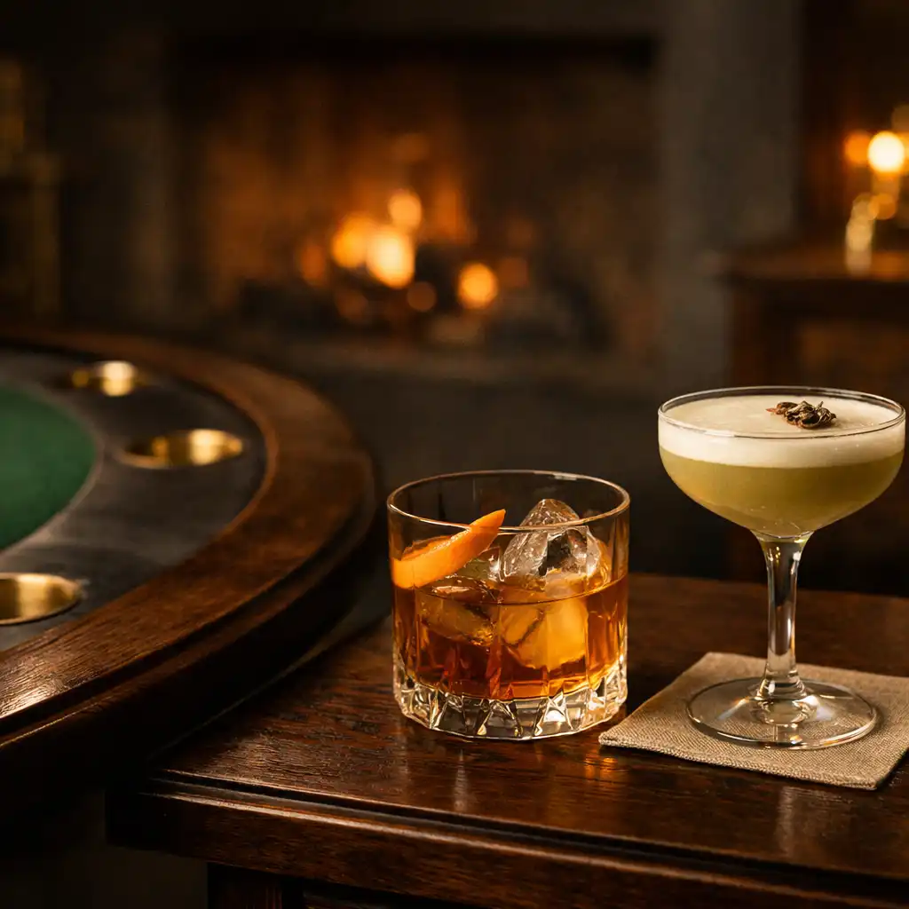 Two craft beverages on a dark timber table beside the softly blurred edge of a felt poker table.