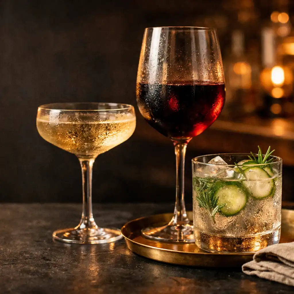 Craft beverage glassware and a botanical non-alcoholic pour on a dark bar