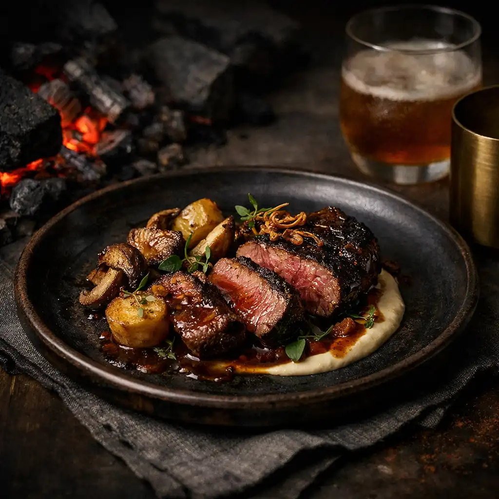 A plated savoury course beside glowing embers and a brass service detail.