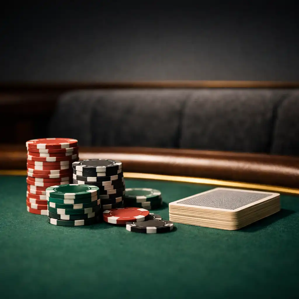 Game chips and face-down cards resting on a felt poker table with brass trim.