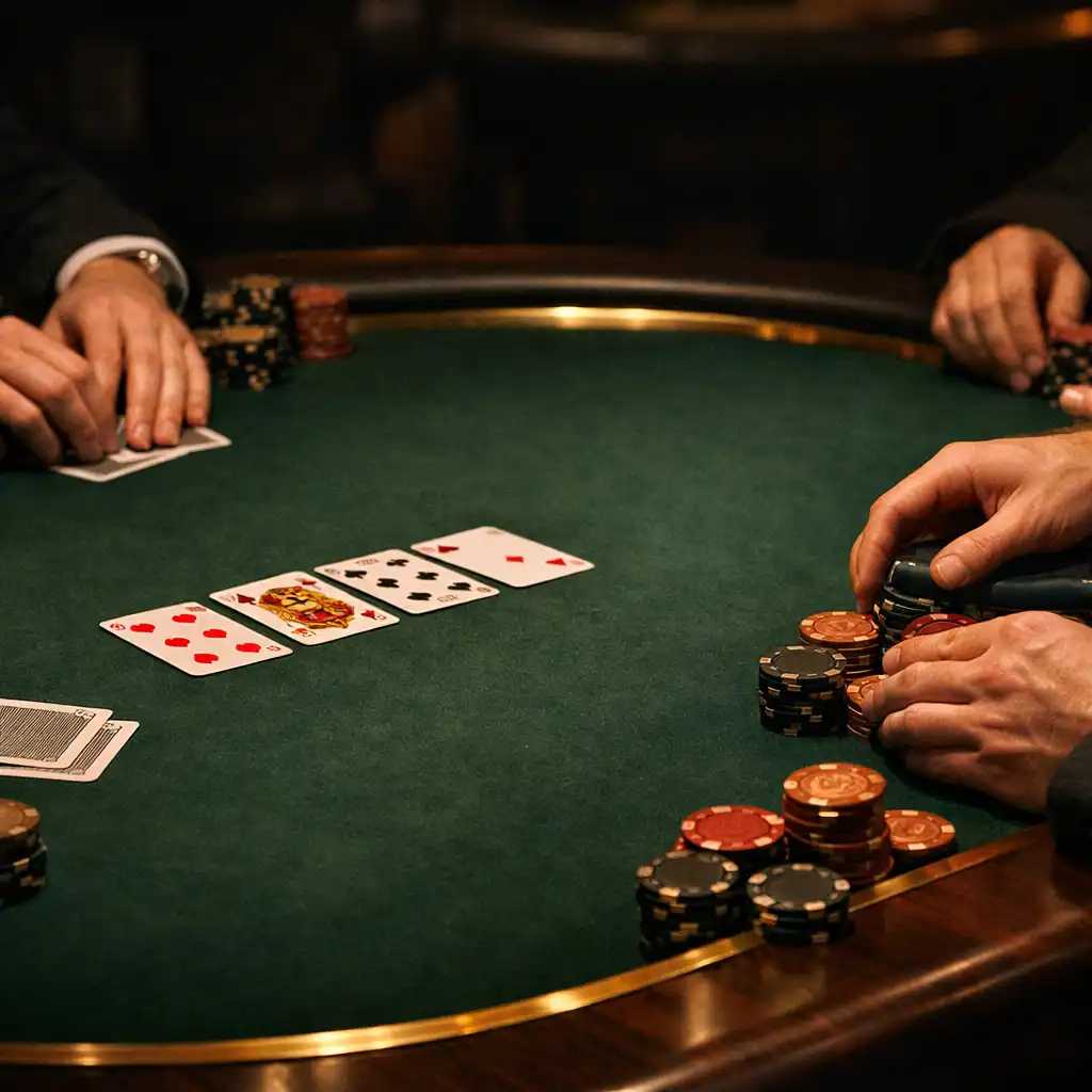Hands arranging playing cards and game chips on a felt poker table