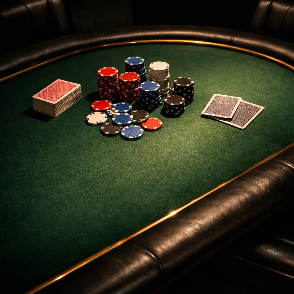 A prepared green felt poker table with cards and unlabeled game chips under warm lounge lighting.