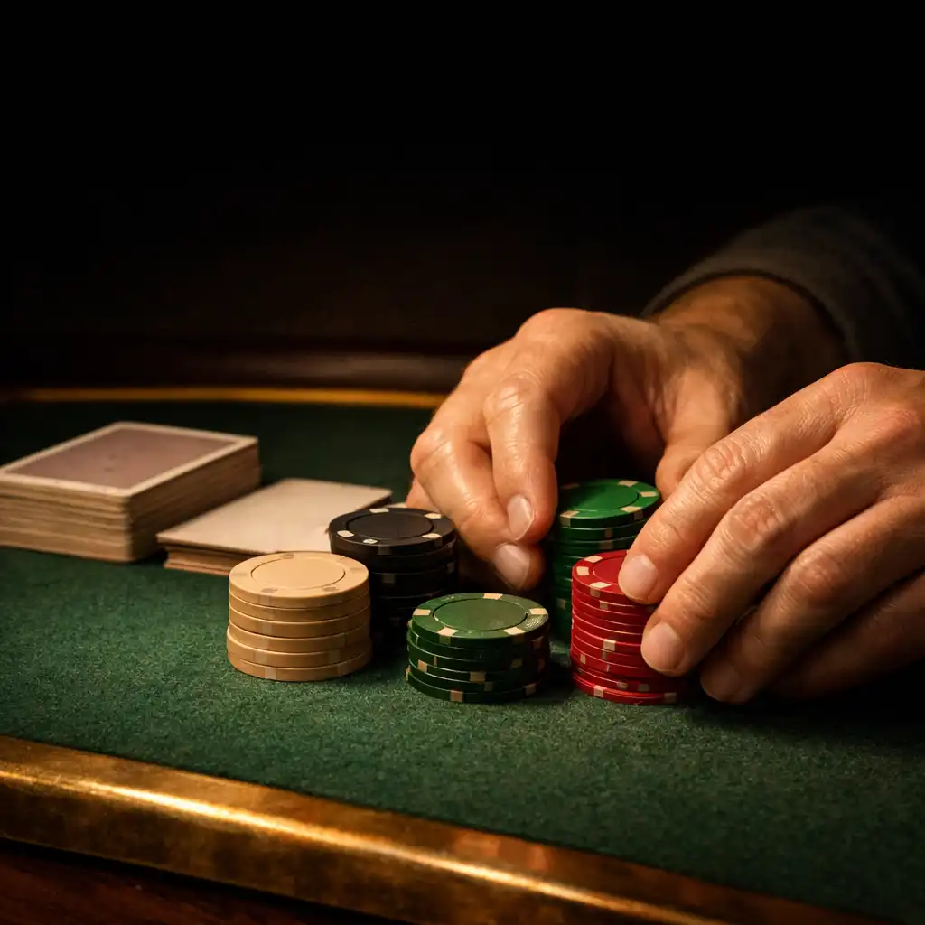 Hands arranging unlabeled game chips beside face-down cards on deep green felt.