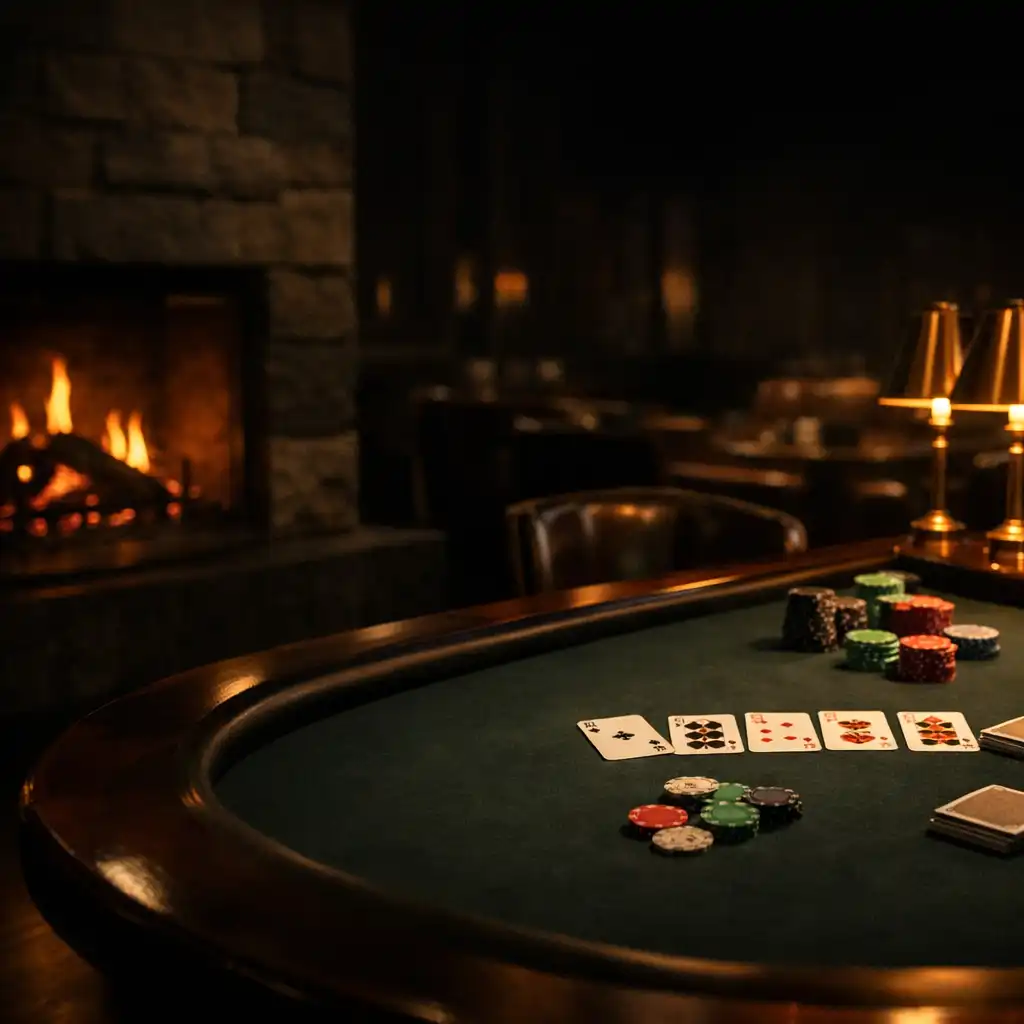 A glowing wood fire beside a dark felt poker table with cards and game chips at Brassandlinen.