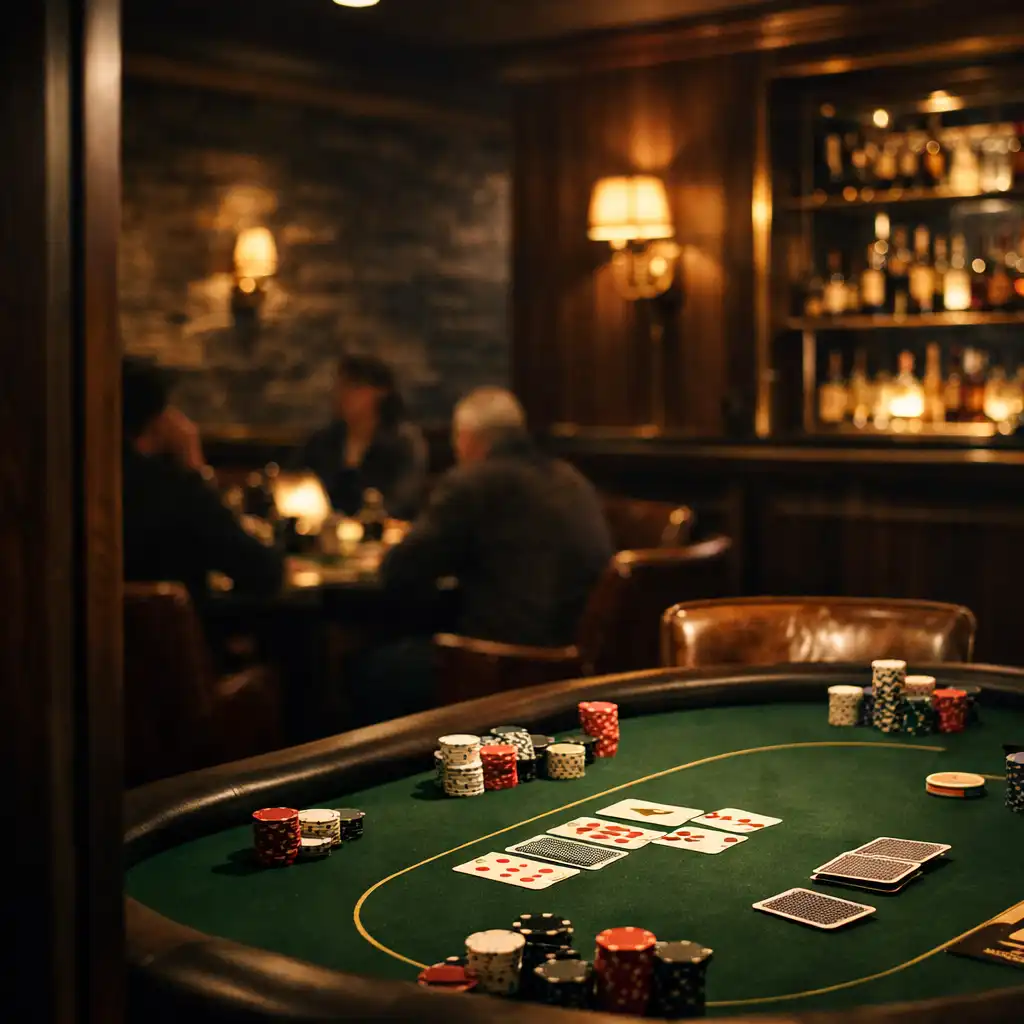 A felt-green poker table in Brassandlinen’s warmly lit card poker room