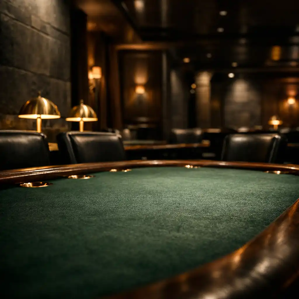 An empty felt poker table, chairs, and low brass lamps in the poker lounge after the evening.
