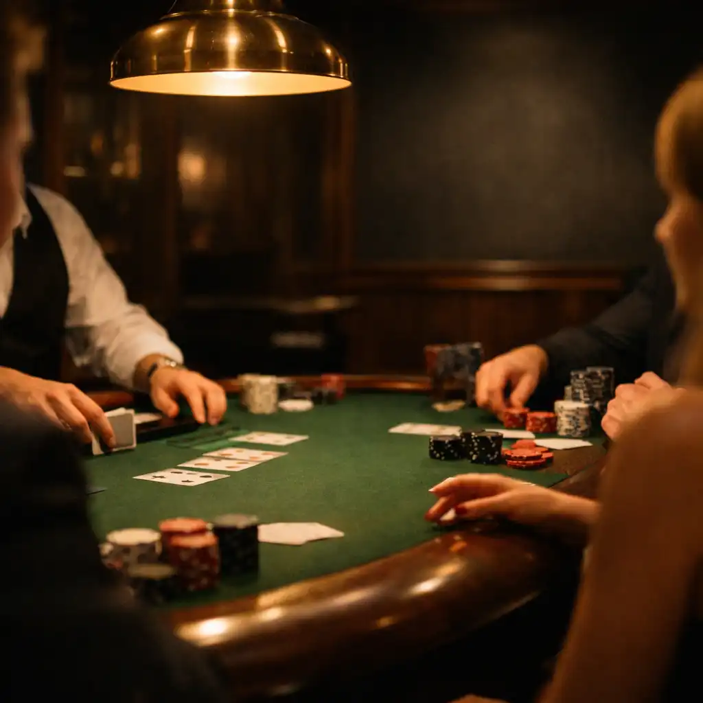 Hands and shoulders gathered around a felt poker table during an in-person poker night.
