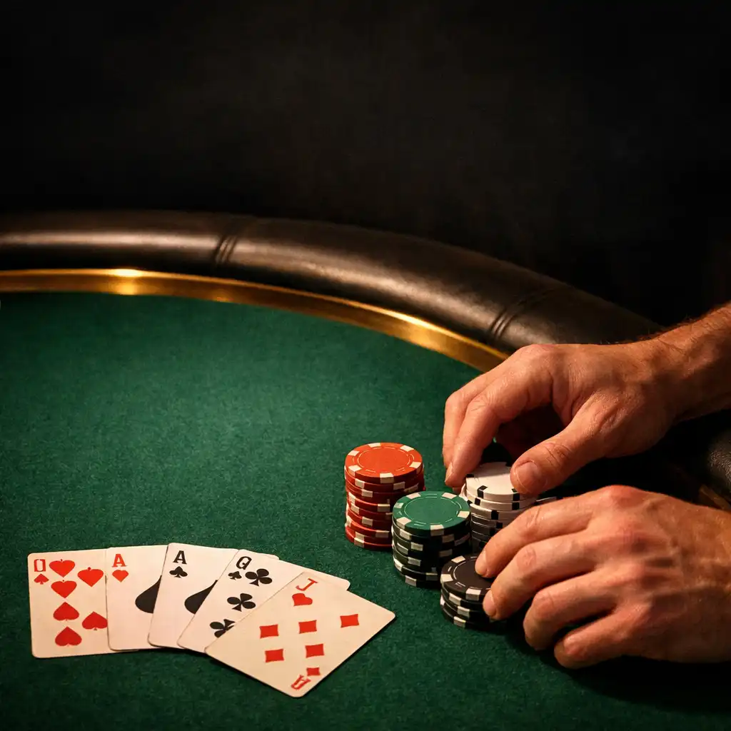 Hands arranging game chips and cards on a green felt poker table
