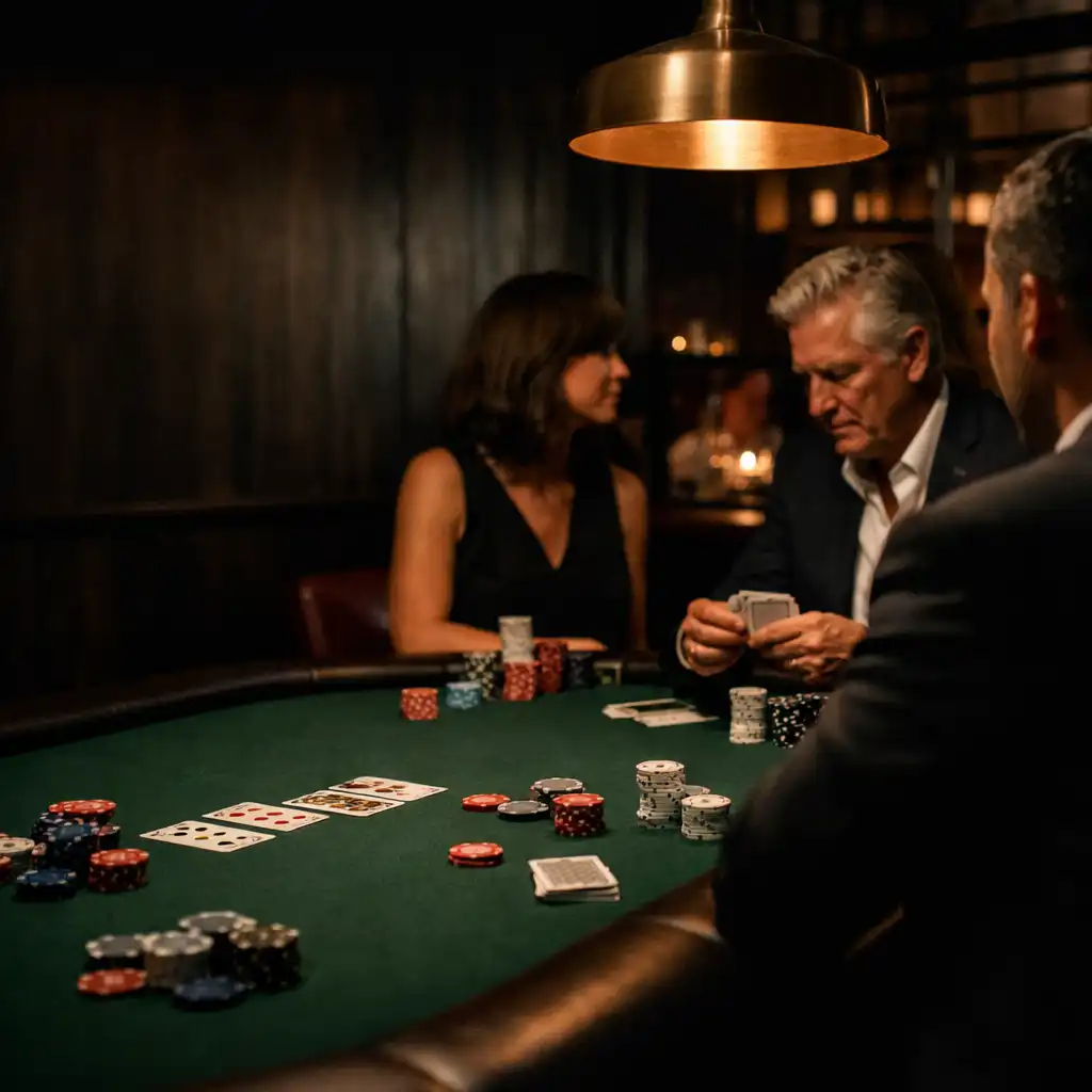 Felt poker table with cards and game chips in the Brassandlinen Melbourne lounge