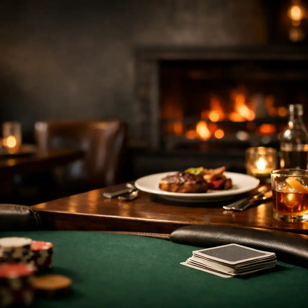 Warm wood-fired steakhouse setting beside the Brassandlinen poker lounge