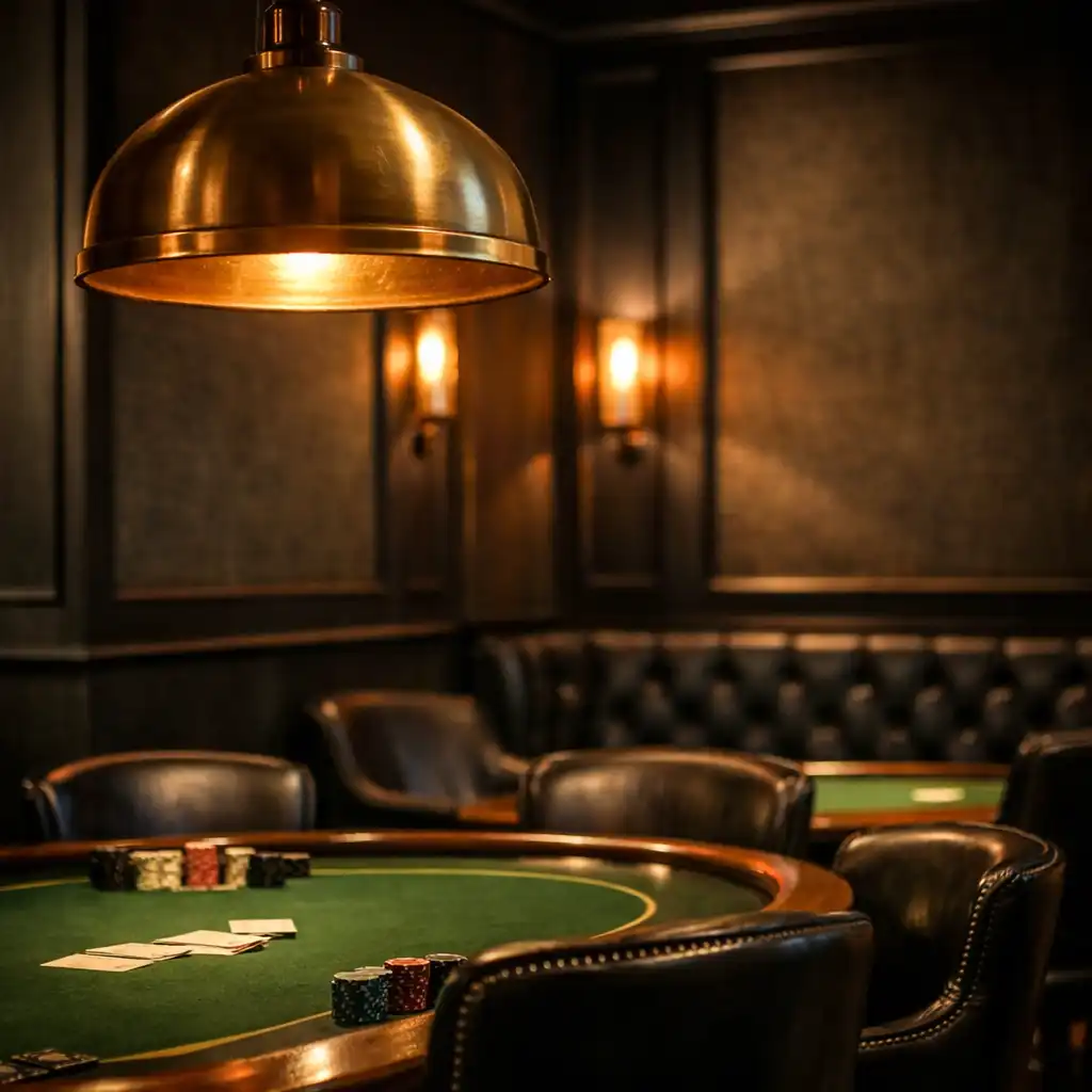 A brass pendant light above a felt poker table and dark upholstered seating in the card poker room.