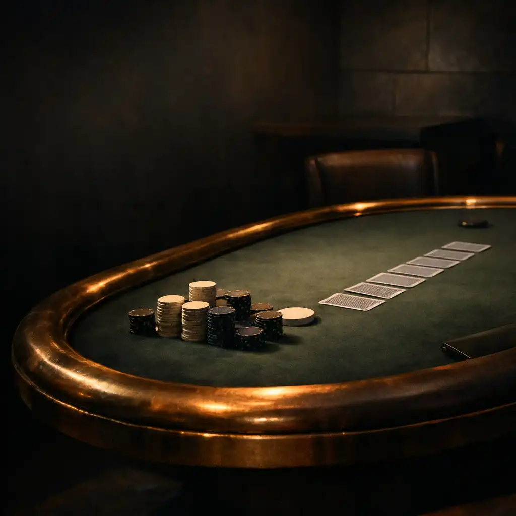 Dark green felt poker table with brass rail, face-down cards and neutral game chips in a Melbourne card poker room