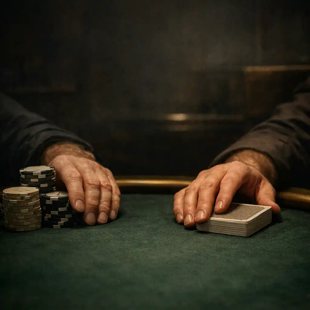 Players' hands near orderly game chips and face-down cards on a dark green felt poker table