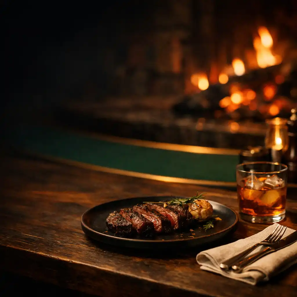 Warm evening table setting with dark ceramic plate, folded linen, unbranded craft beverage and ember glow