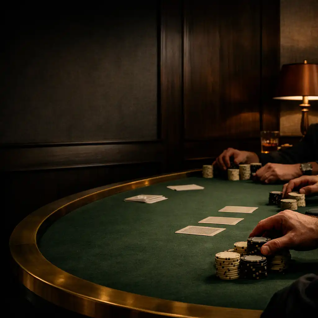 Hands arranging game chips and cards on a brass-edged felt poker table
