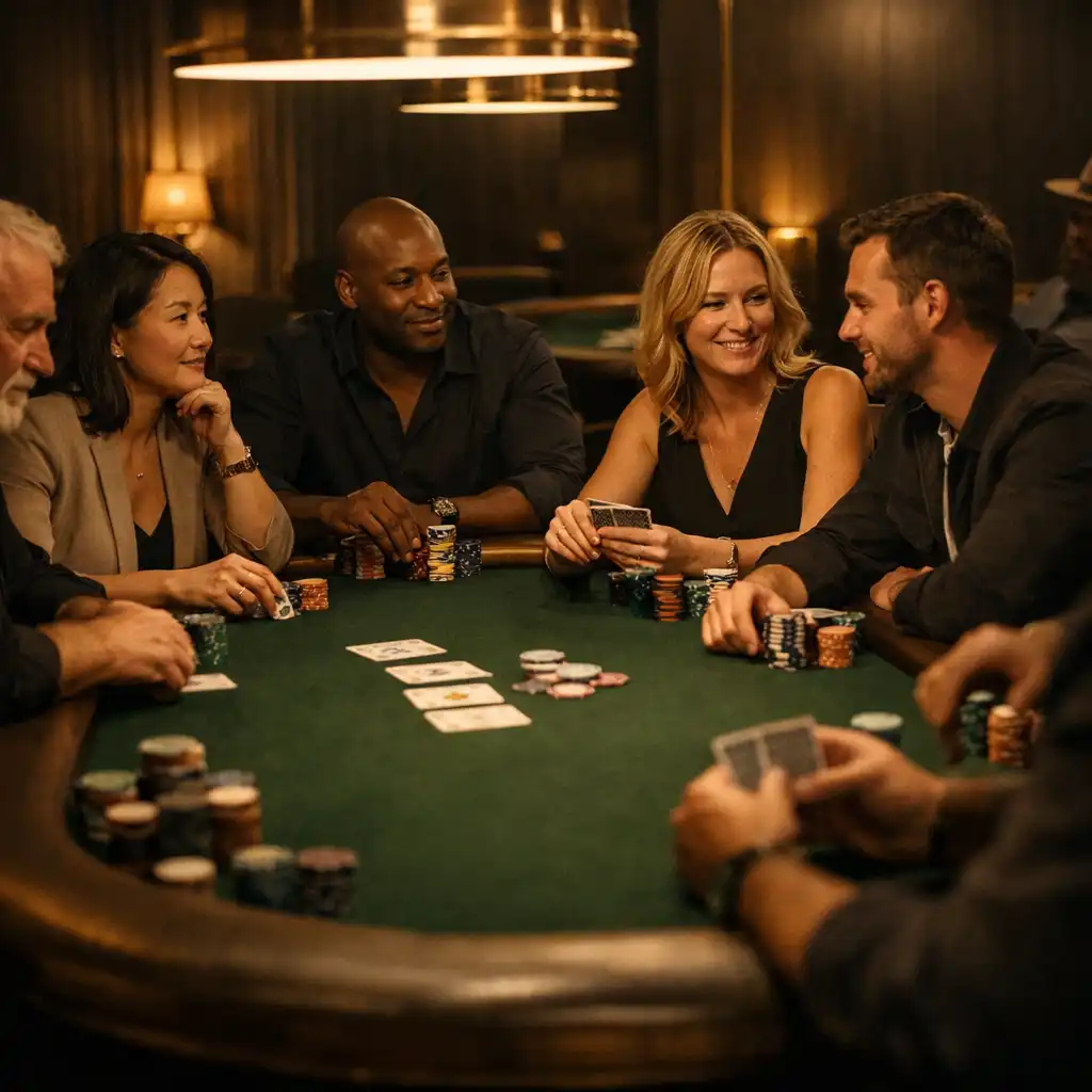 Adult guests seated around a physical green felt poker table, holding cards in a warmly lit lounge.
