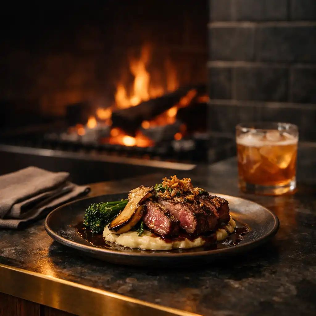 Warm wood-fired steakhouse scene with a plated dish and brass details