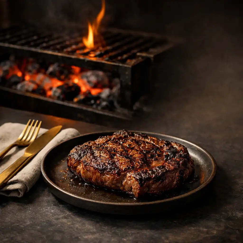 Wood-fired ribeye on a dark plate with glowing embers behind it