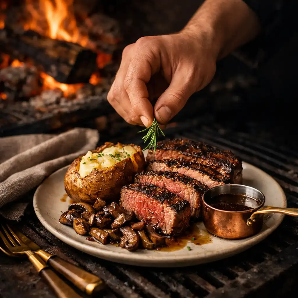 A chef's hand finishing a steakhouse plate beside a glowing wood fire.