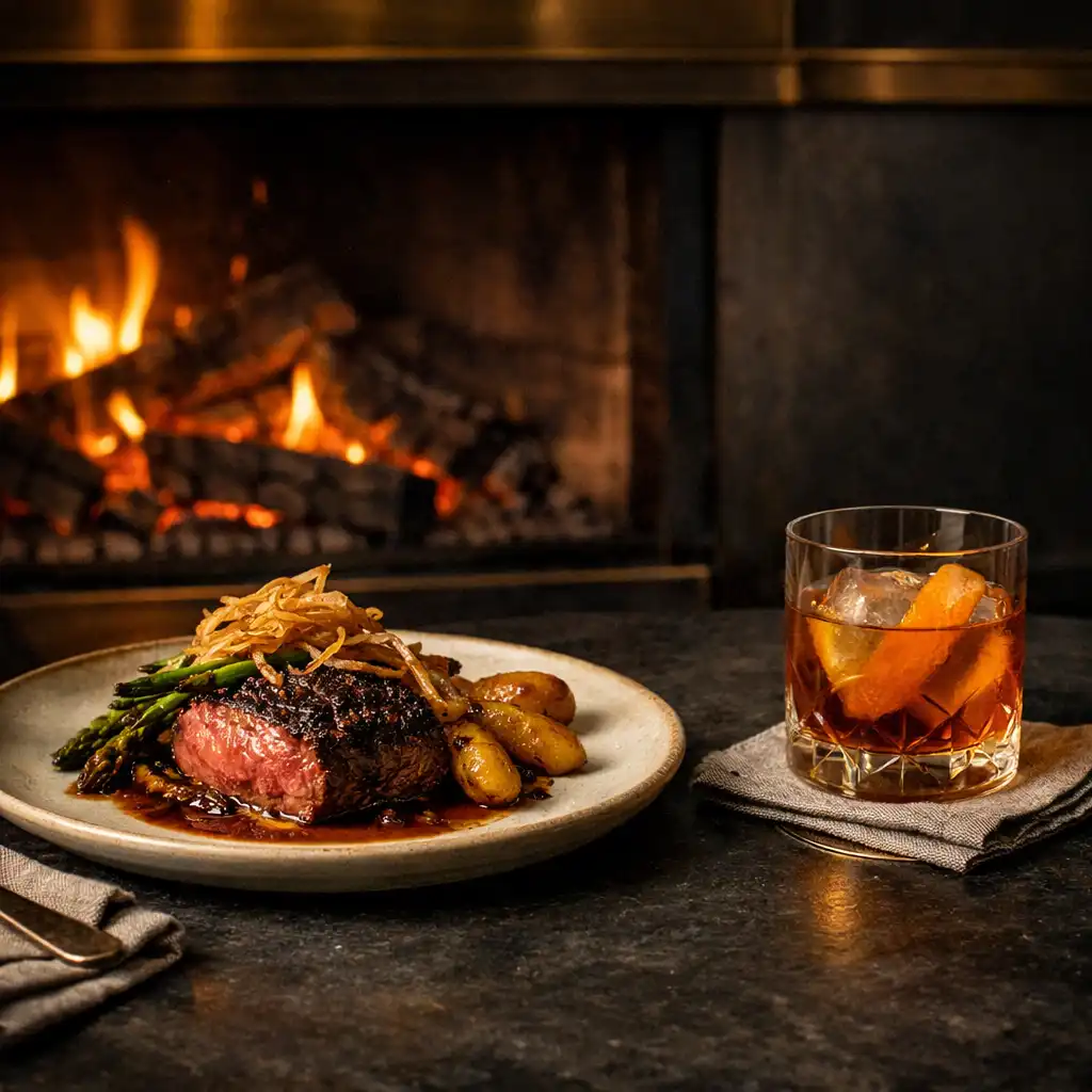 Wood-fired steakhouse dish and craft beverage in Brassandlinen’s evening setting